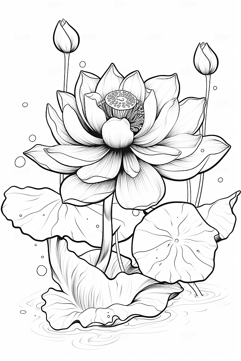 素描荷花池塘工笔画锦鲤戏水插画