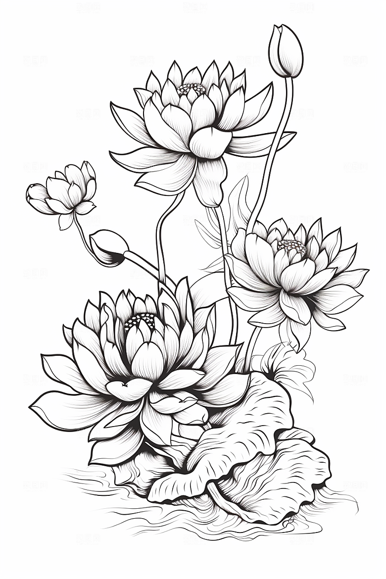 素描荷花池塘荷塘锦鲤戏水插画