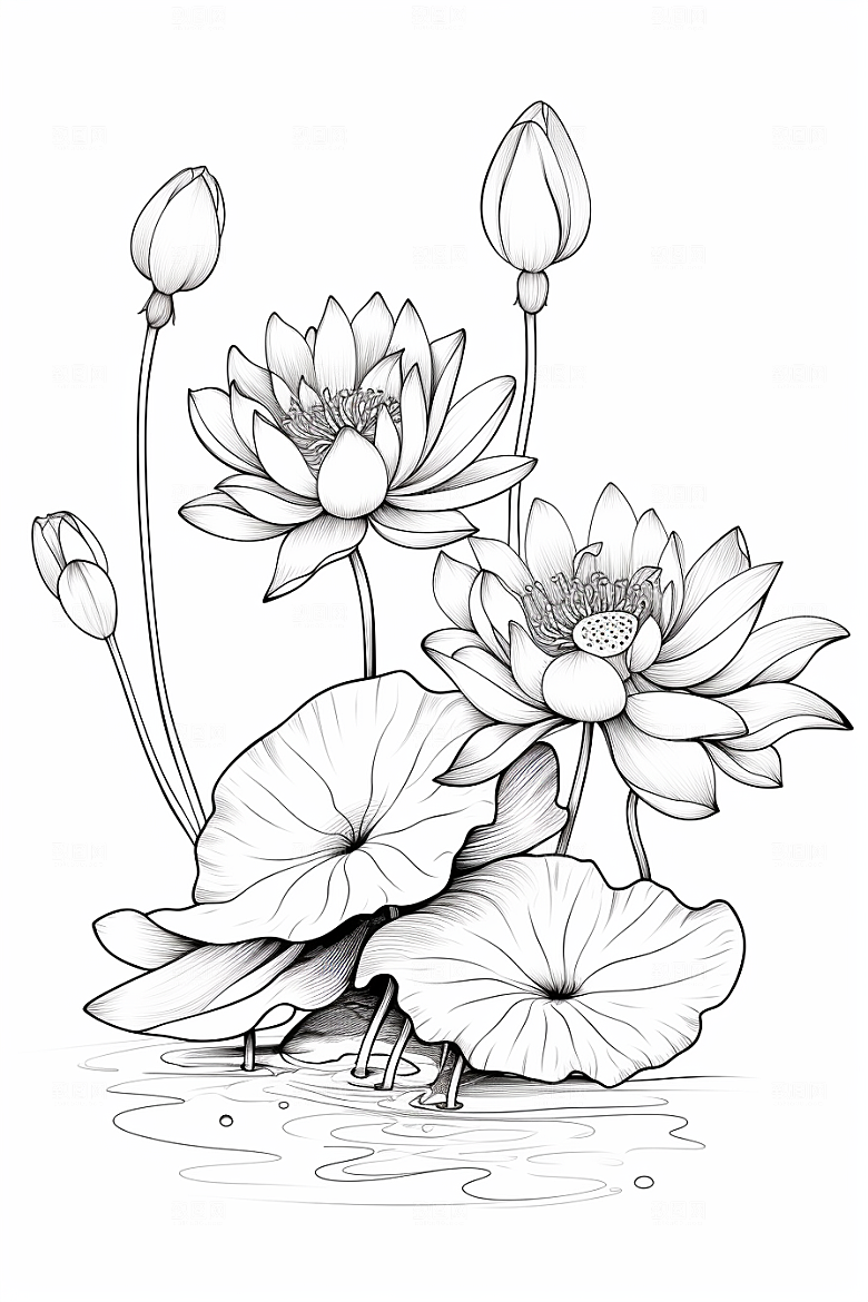 素描荷花池塘写生锦鲤戏水插画
