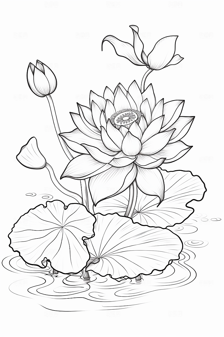 素描荷花池塘荷塘写实插画