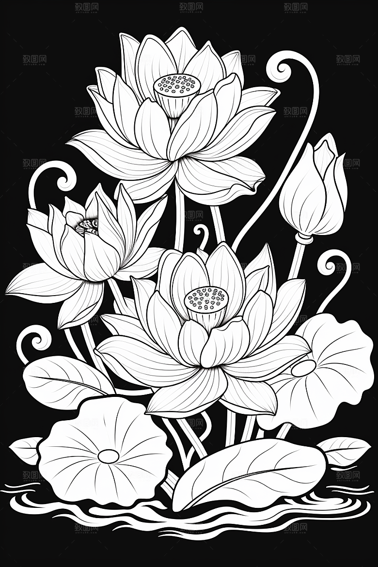 素描荷花池塘写实艺术插画