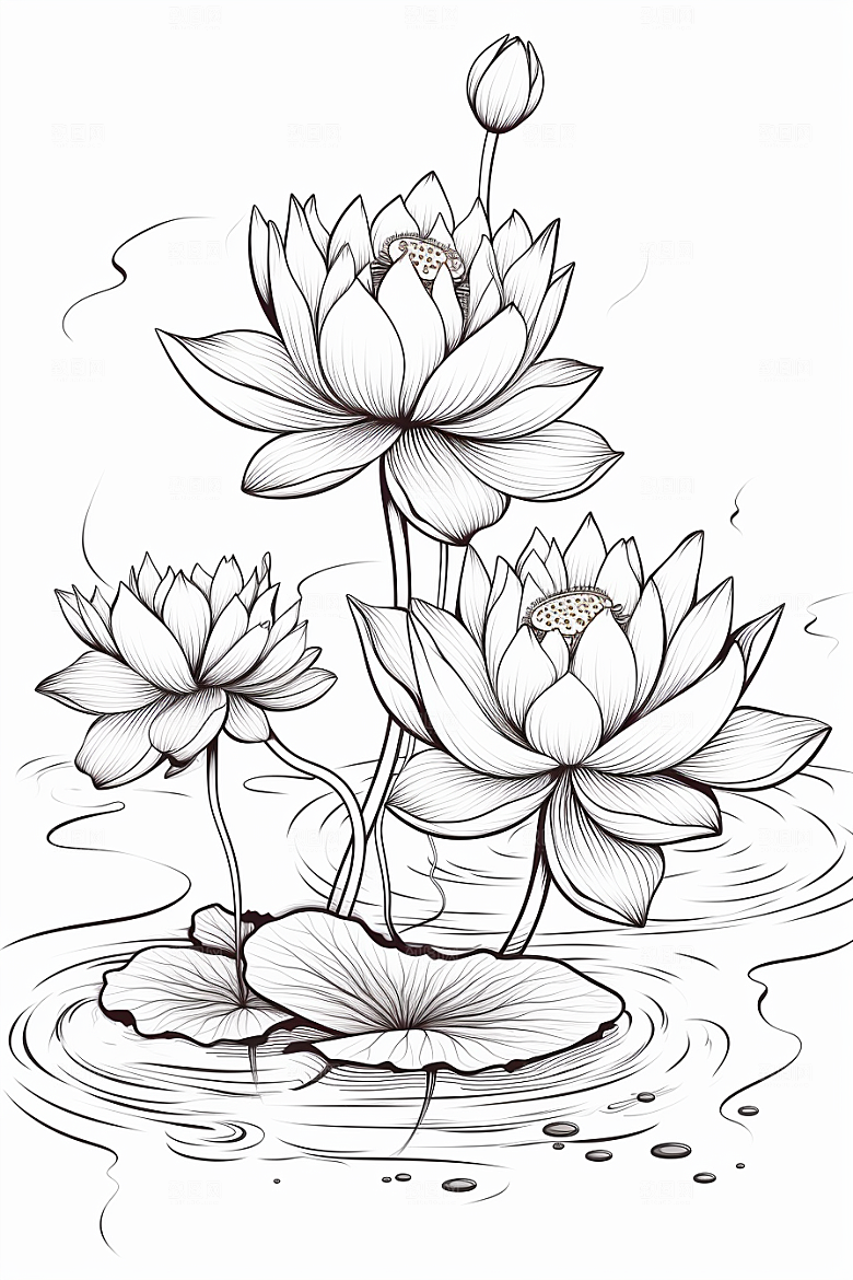 素描荷花池塘写实荷塘插画