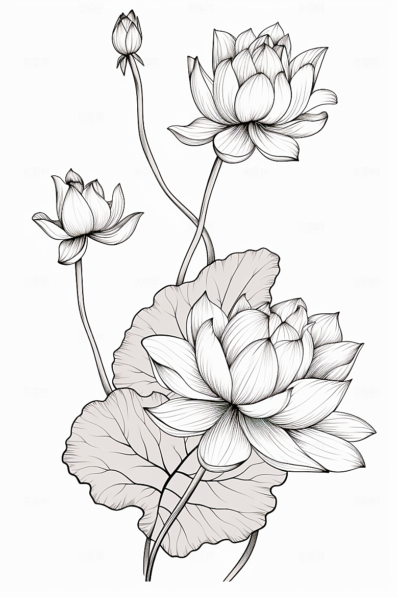 素描荷花池塘写实锦鲤戏水插画
