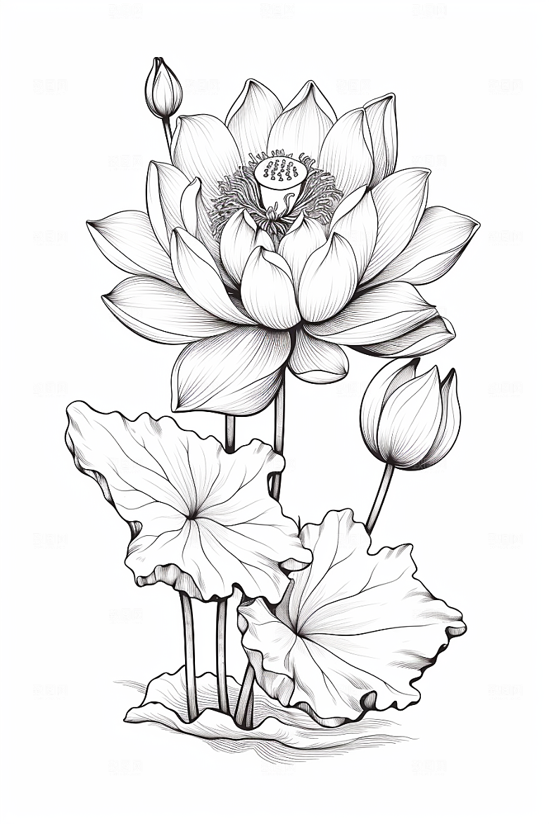 素描荷花池塘工笔画莲花插画