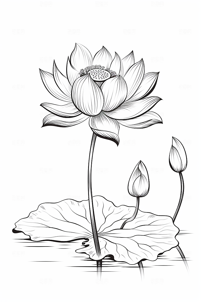 素描荷花池塘工笔画写实插画