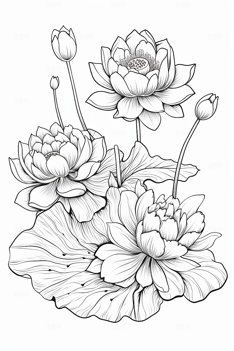 素描荷花池塘锦鲤戏水荷塘插画