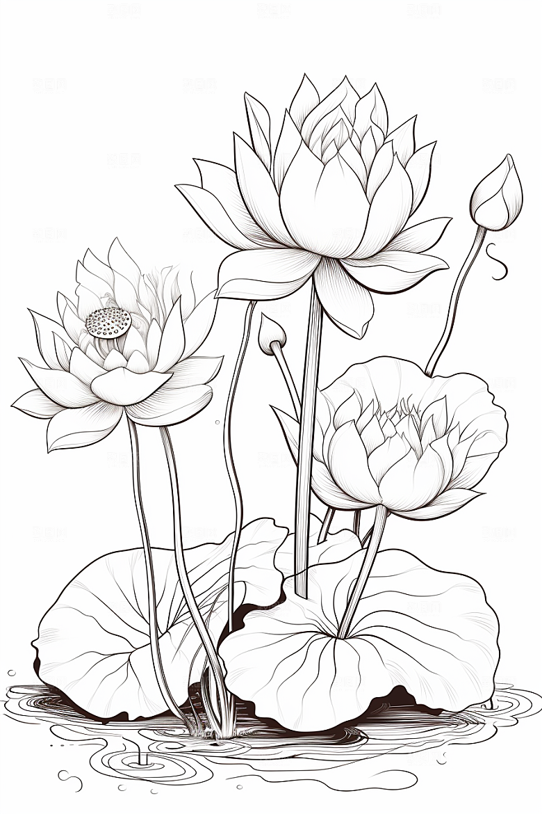 素描荷花池塘莲花艺术插画