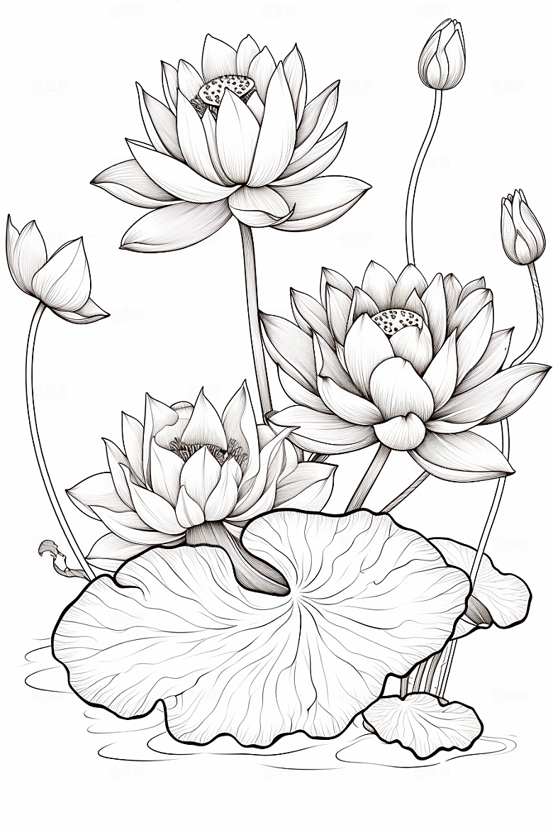 素描荷花池塘工笔画写生插画