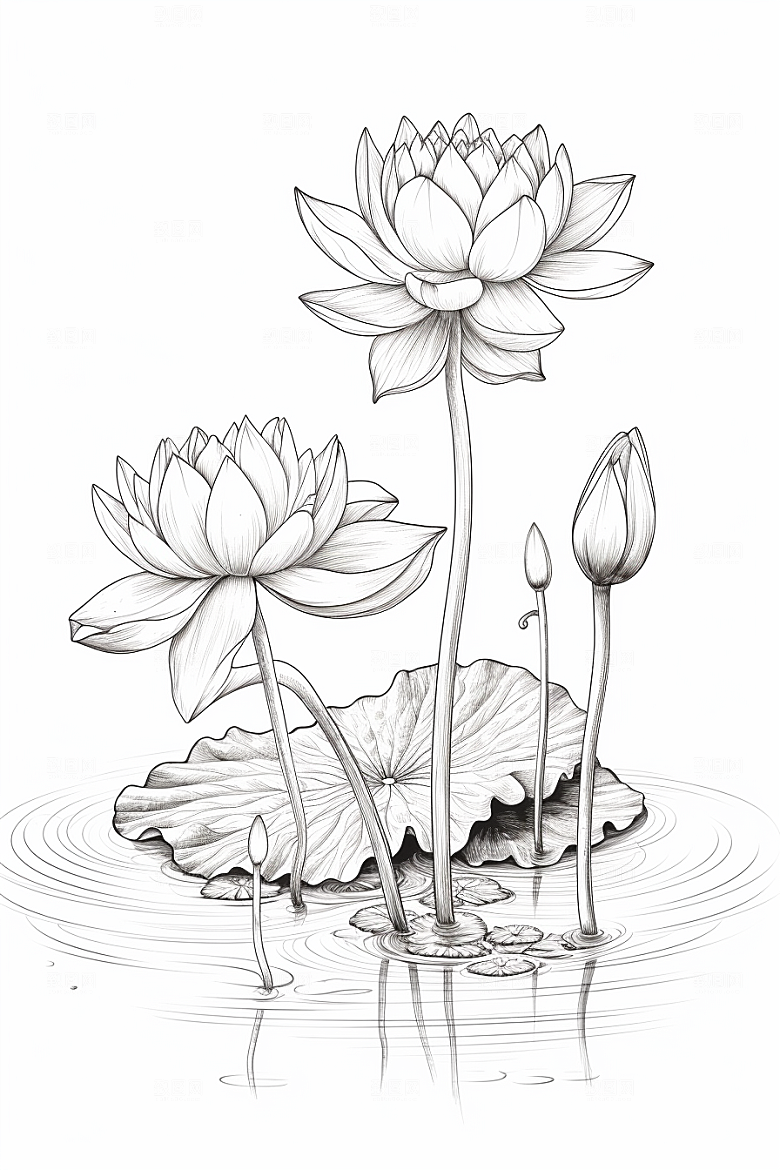 素描荷花池塘写生写实插画