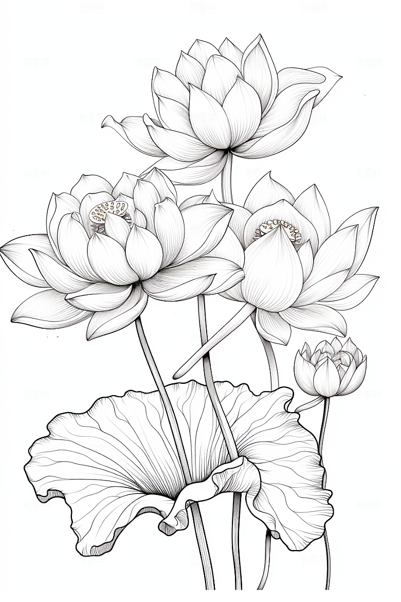 素描荷花池塘手绘莲花插画