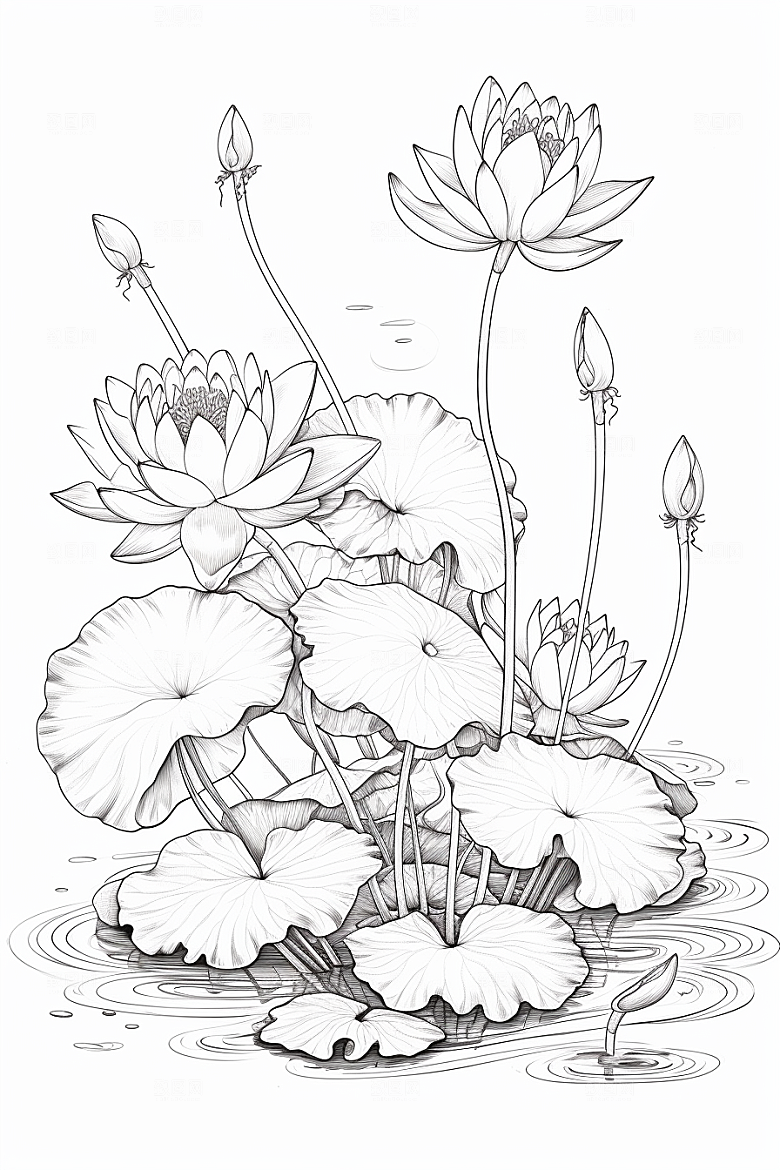 素描荷花池塘莲花工笔画插画