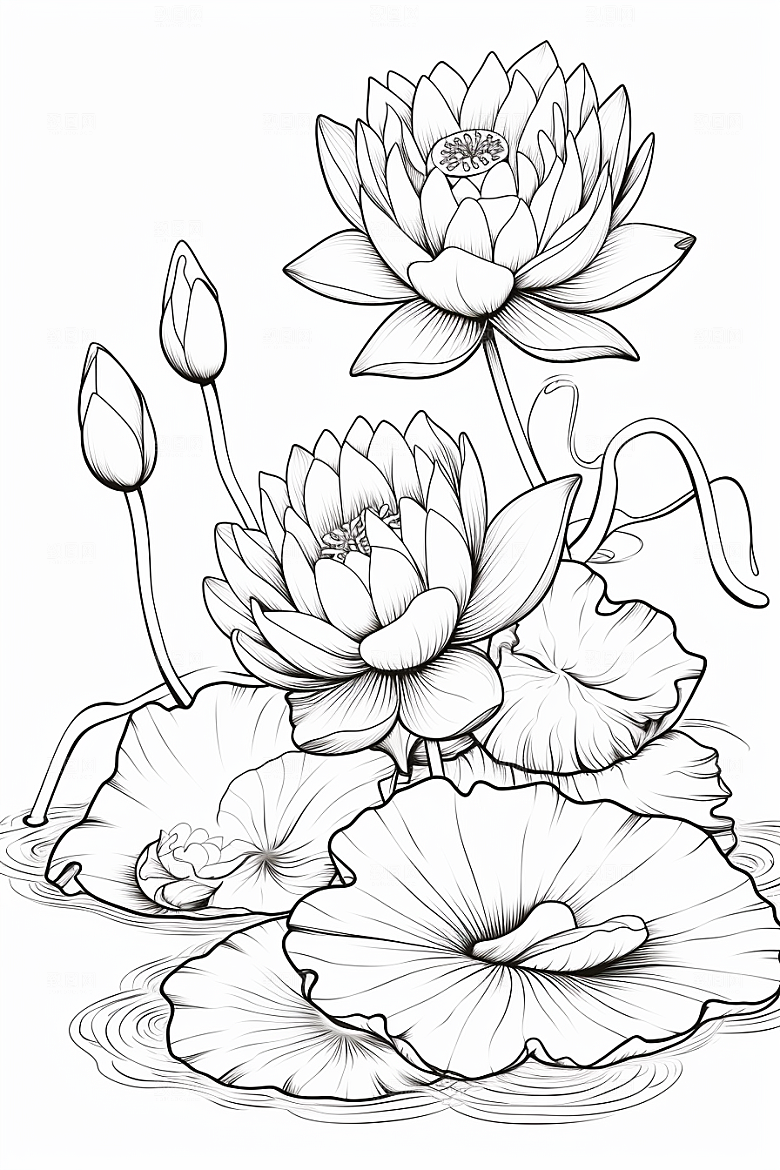 素描荷花池塘工笔画锦鲤戏水插画