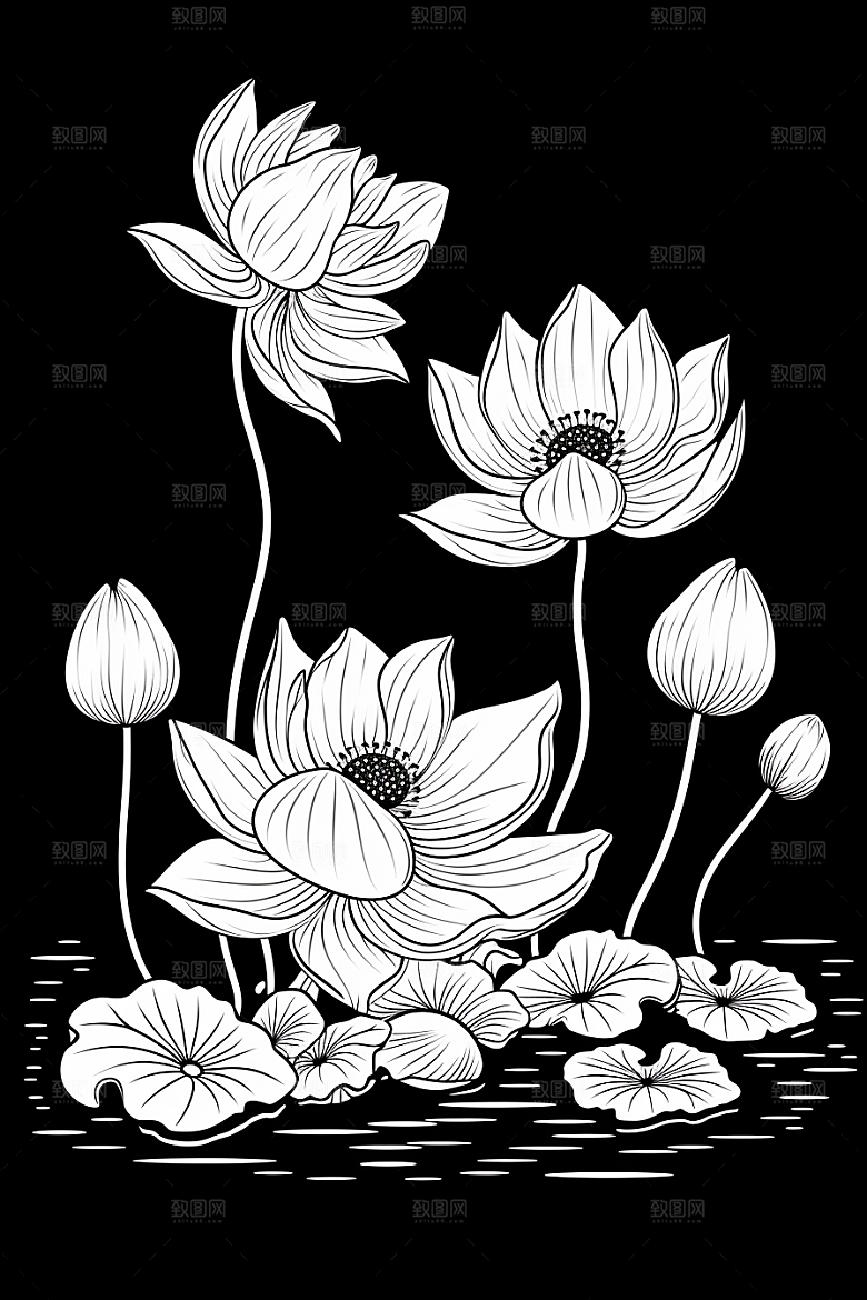 素描荷花池塘荷塘写实插画