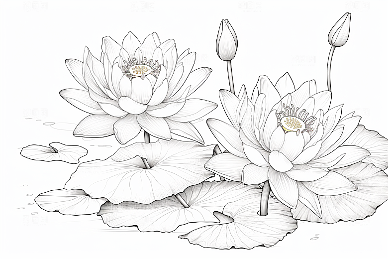 素描荷花池塘荷塘艺术插画