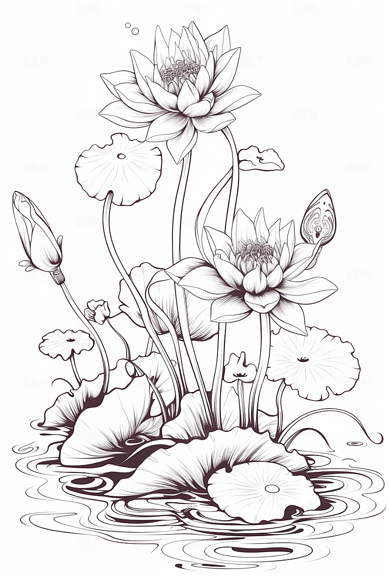 素描荷花池塘写实锦鲤戏水插画