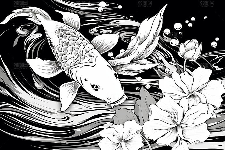 素描荷花池塘莲花写实插画