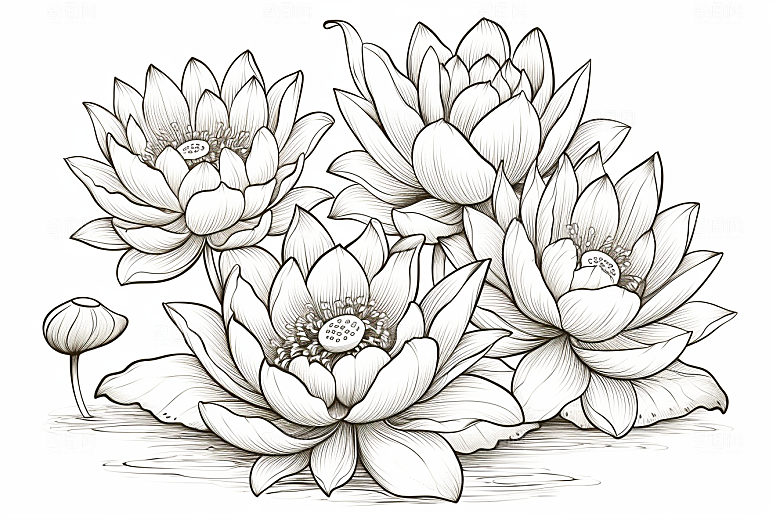 素描荷花池塘锦鲤戏水写实插画