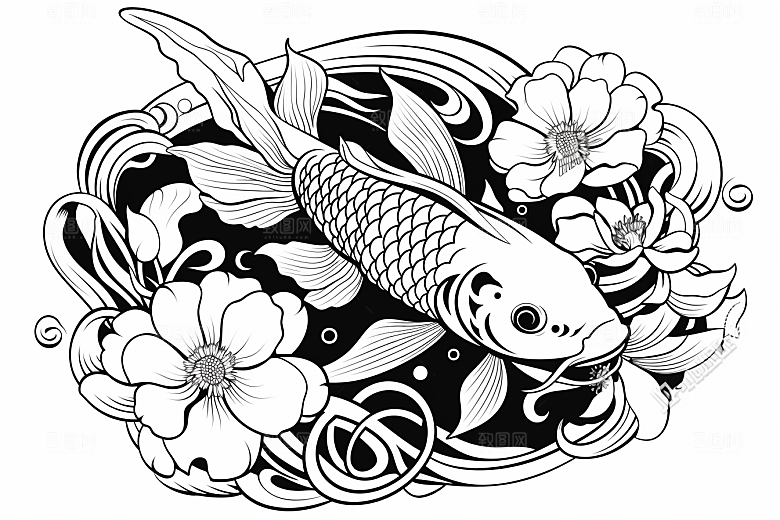 素描荷花池塘写生锦鲤戏水插画