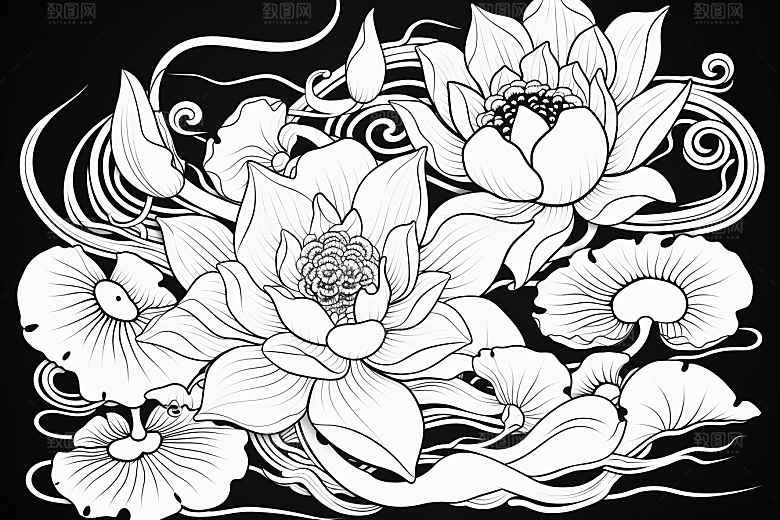 素描荷花池塘写生工笔画插画