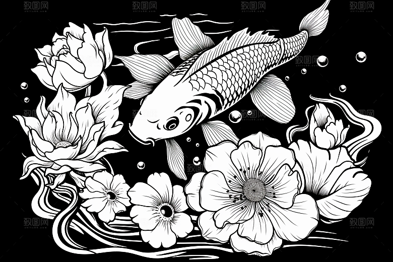 素描荷花池塘艺术荷塘插画