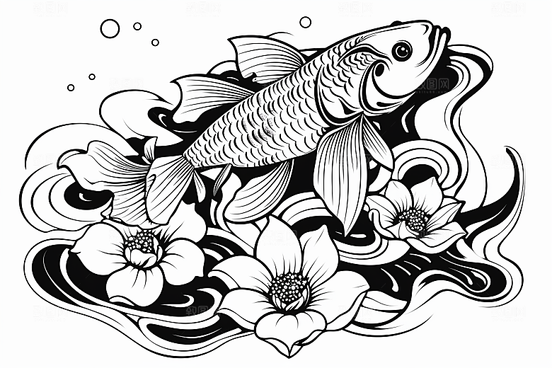 素描荷花池塘锦鲤戏水荷塘插画