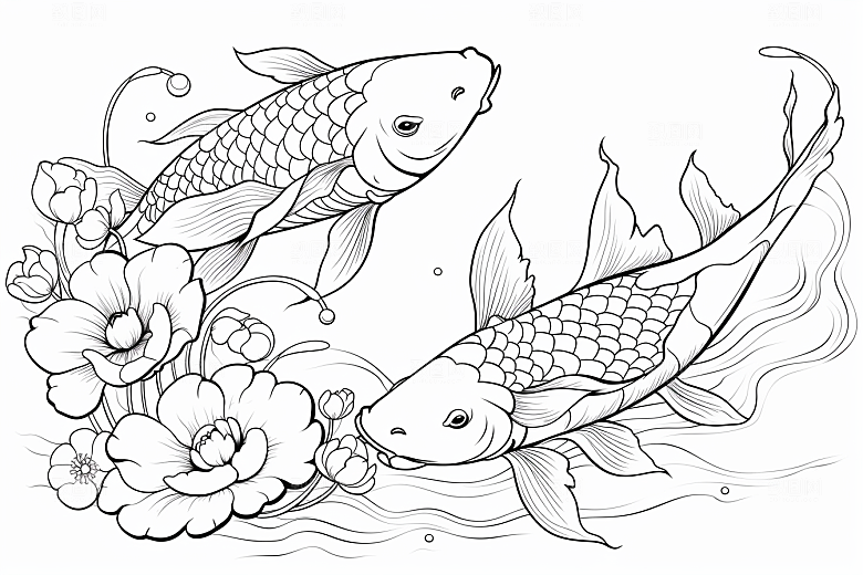 素描荷花池塘写生锦鲤戏水插画
