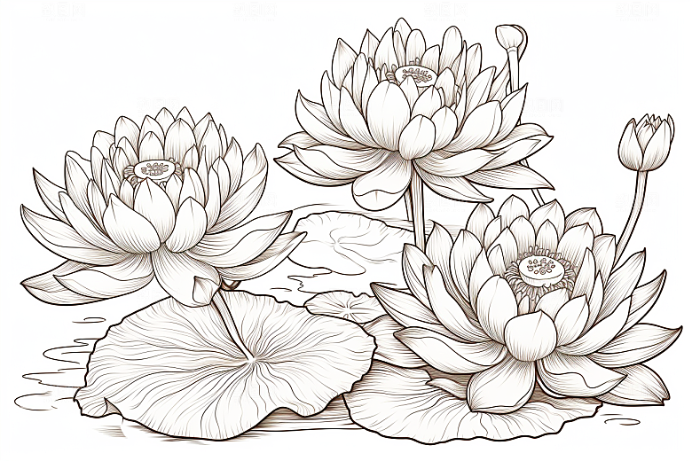 素描荷花池塘荷塘艺术插画