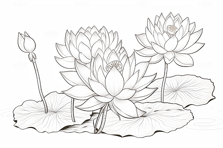 素描荷花池塘莲花荷塘插画