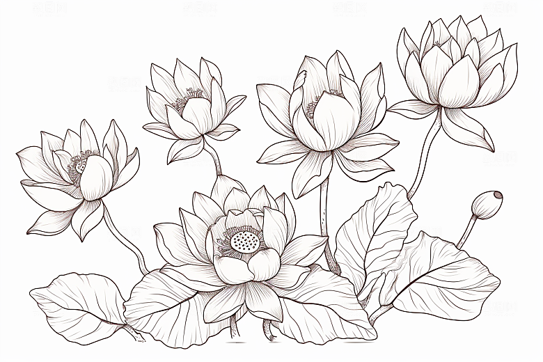 素描荷花池塘荷塘手绘插画
