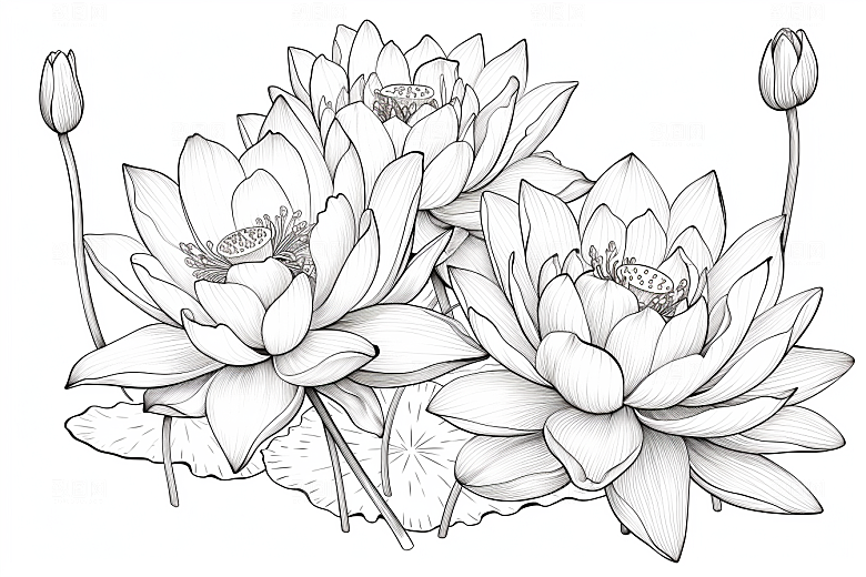 素描荷花池塘写生锦鲤戏水插画