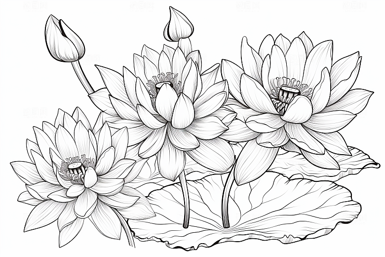 素描荷花池塘写生工笔画插画