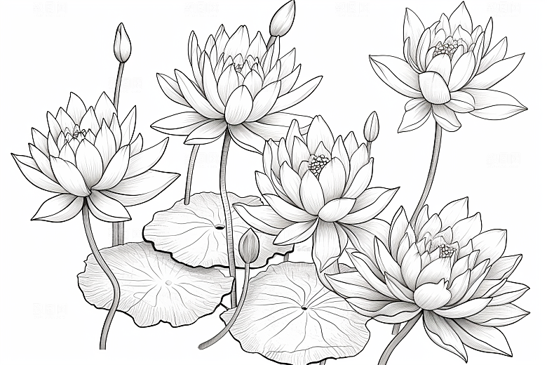 素描荷花池塘锦鲤戏水莲花插画