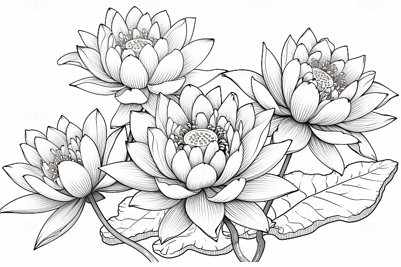 素描荷花池塘写实锦鲤戏水插画