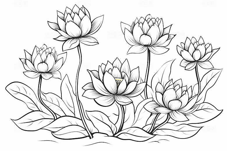 素描荷花池塘莲花锦鲤戏水插画