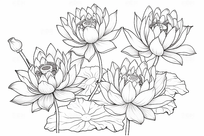 素描荷花池塘莲花写实插画