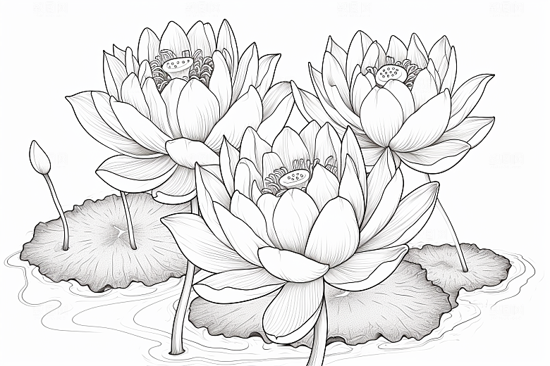 素描荷花池塘写实锦鲤戏水插画