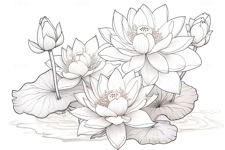 素描荷花池塘工笔画手绘插画