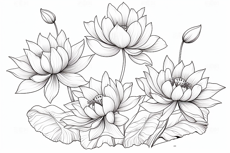 素描荷花池塘手绘艺术插画