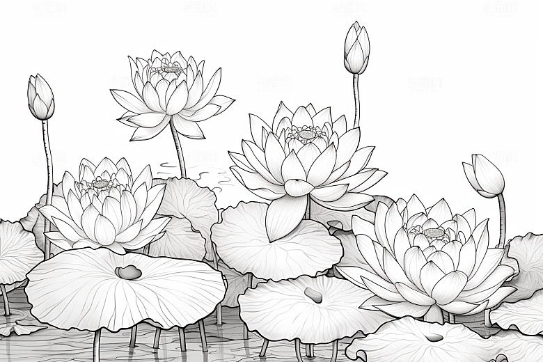 素描荷花池塘写生荷塘插画