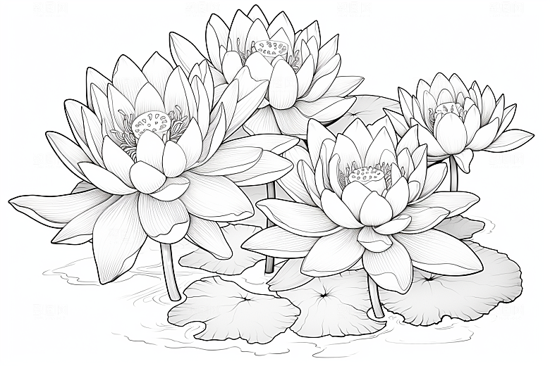 素描荷花池塘锦鲤戏水艺术插画