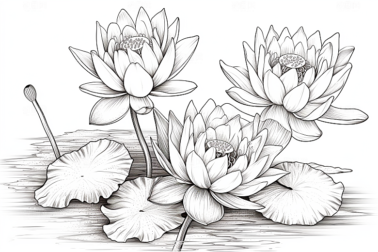 素描荷花池塘锦鲤戏水写实插画