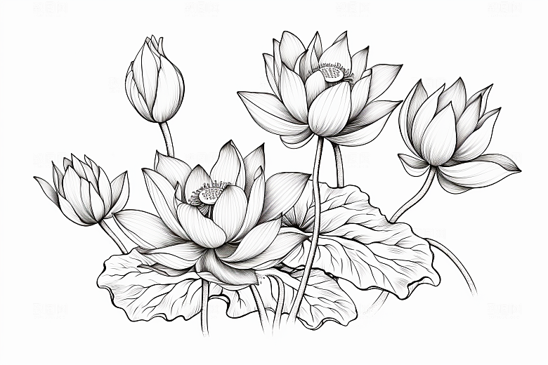 素描荷花池塘莲花手绘插画