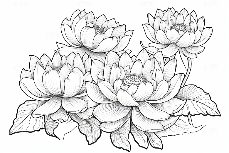 素描荷花池塘写实锦鲤戏水插画