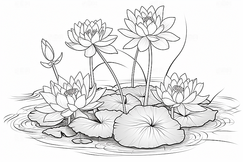 素描荷花池塘锦鲤戏水工笔画插画