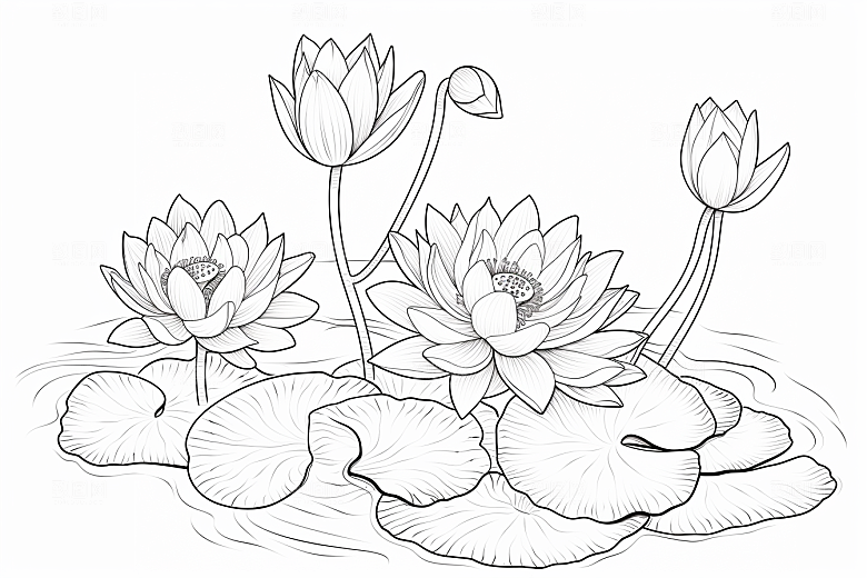 素描荷花池塘写实莲花插画