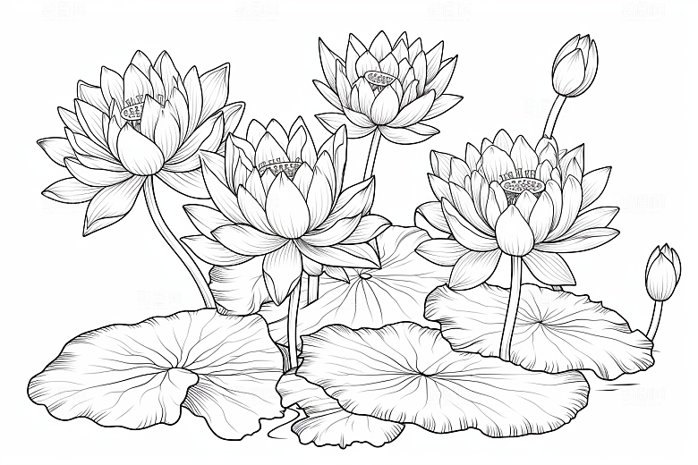 素描荷花池塘工笔画写生插画
