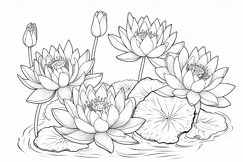 素描荷花池塘工笔画手绘插画