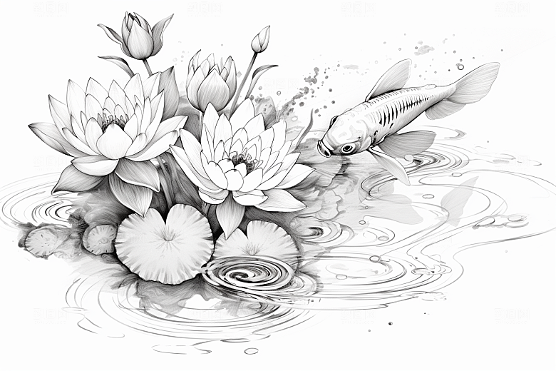 素描荷花池塘荷塘锦鲤戏水插画