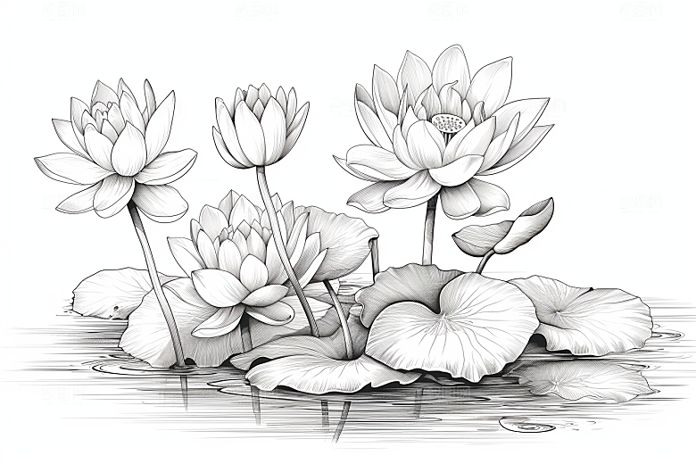 素描荷花池塘写生艺术插画