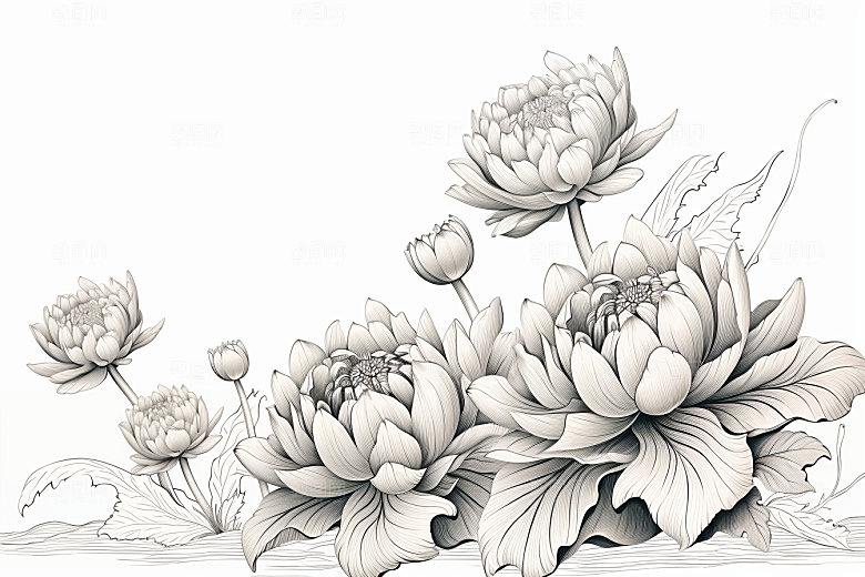 素描荷花池塘锦鲤戏水手绘插画